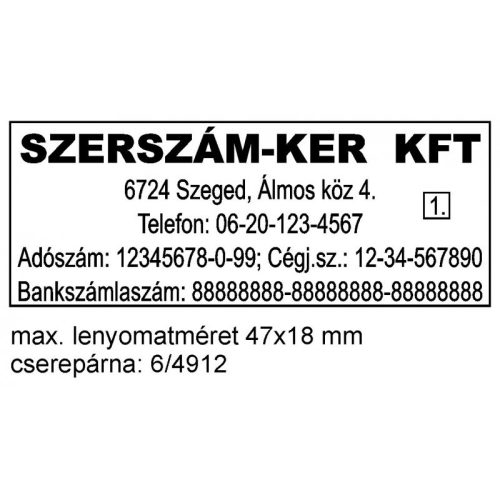 Trodat 4912 cégbélyegző lenyomat minta – cégnév, adószám, cím, 47x18 mm méret, 5 soros elrendezés