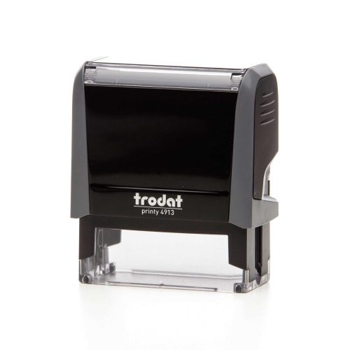 Trodat 4913 céges bélyegző szürke színben – oldalnézeti fotó, ergonomikus kialakítás, irodai és üzleti célra